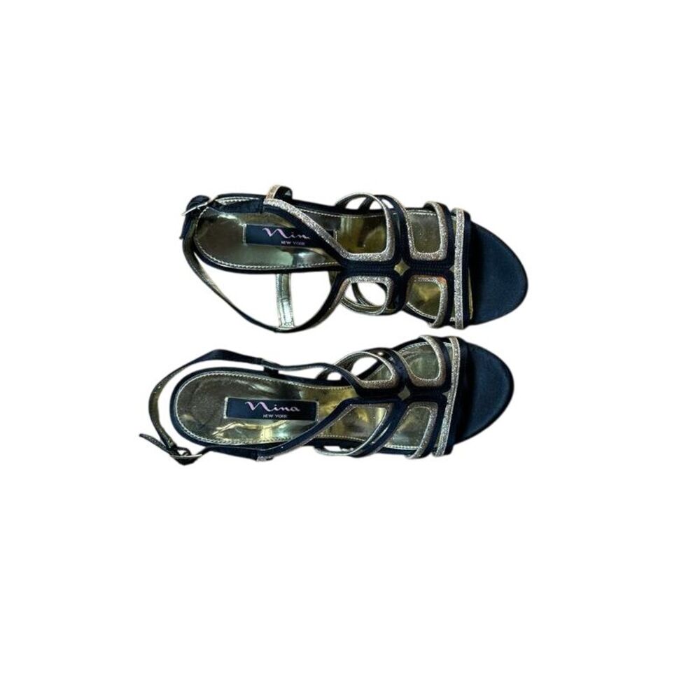 Nina New York Elegant Strappy Evening Sandals Glitter Trim Black & Silver‎ Heel